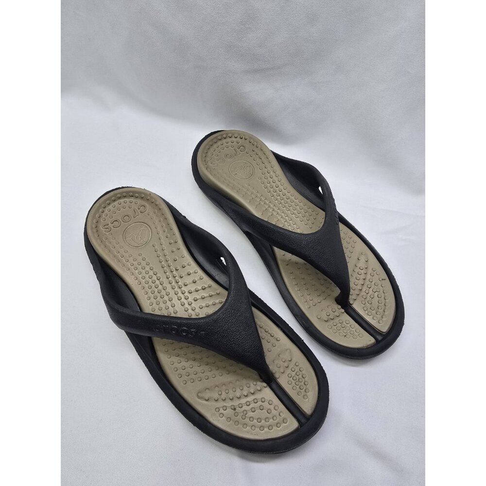 Crocs Unisex Athens Sandal Size 9 Mens/ 11 Womens Black/Beige Thong Flip Flops